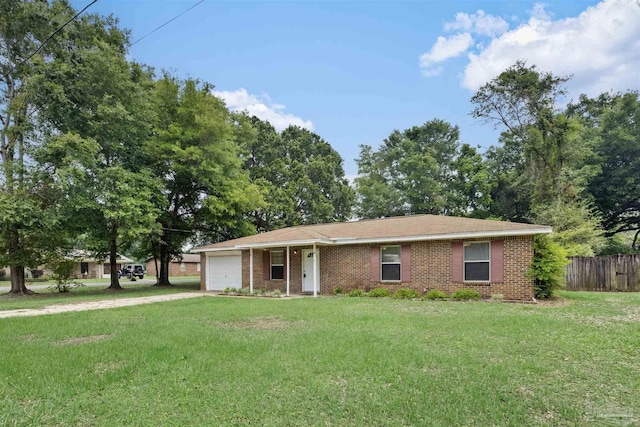ranch-style home featuring an attached garage, driveway, and brick siding
