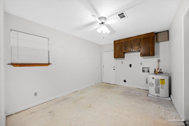 washroom featuring electric water heater, a ceiling fan, and baseboards