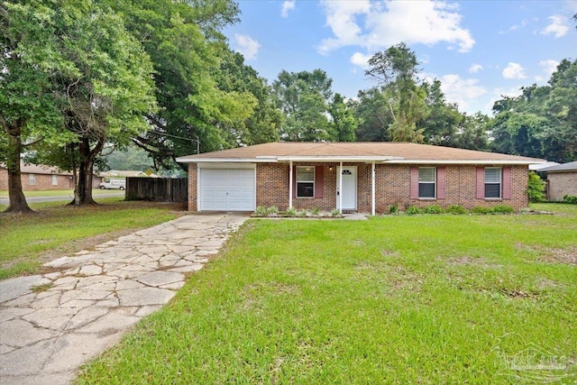ranch-style house featuring a garage, brick siding, and concrete driveway