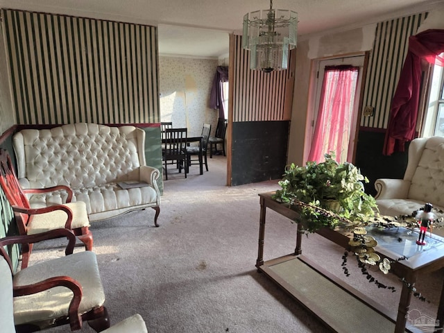 35 N Cypress St, Mcdavid, FL 32568 - carpeted living room with wallpapered walls and crown molding