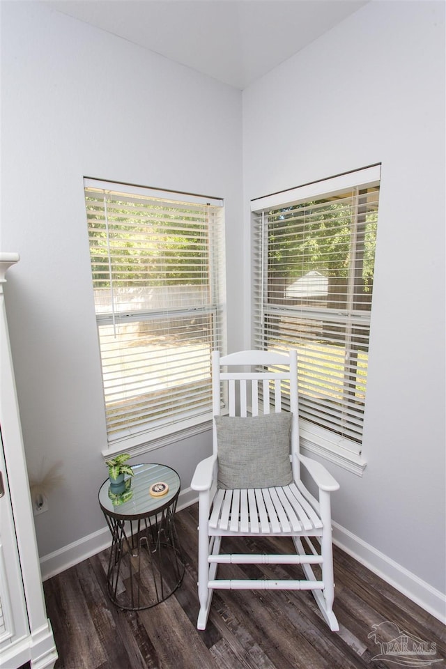 sitting room featuring a wealth of natural light and dark hardwood / wood-style flooring