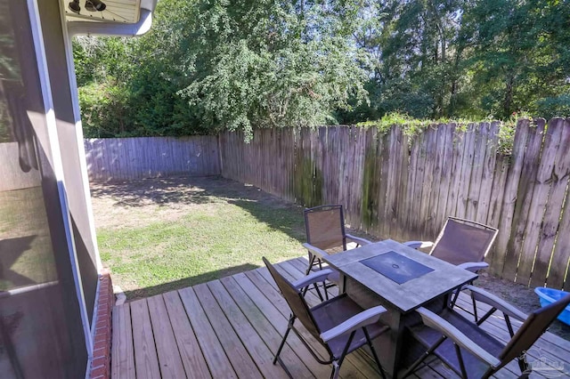 wooden deck featuring a lawn