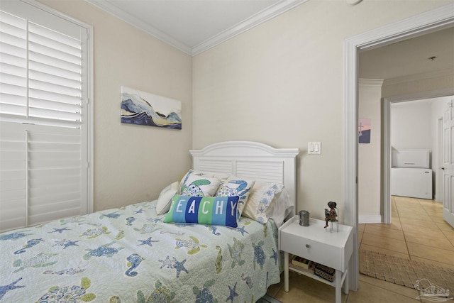 tiled bedroom featuring ornamental molding