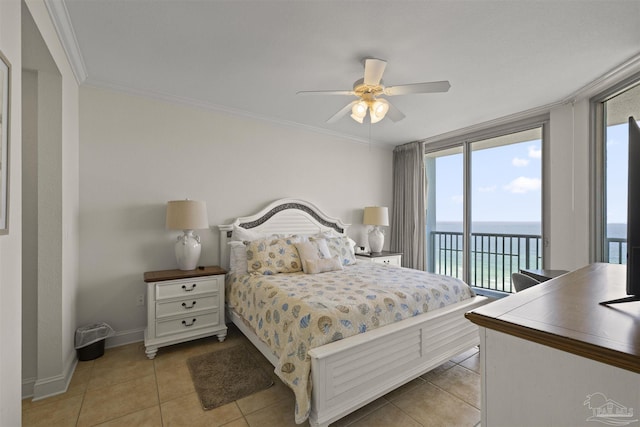 bedroom with a ceiling fan, baseboards, ornamental molding, tile patterned floors, and access to outside