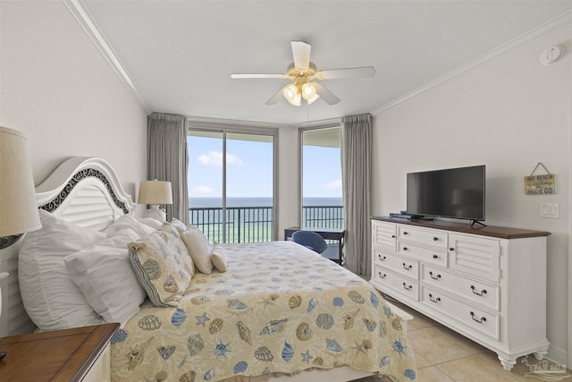 bedroom with light tile patterned floors, ornamental molding, a ceiling fan, and access to exterior