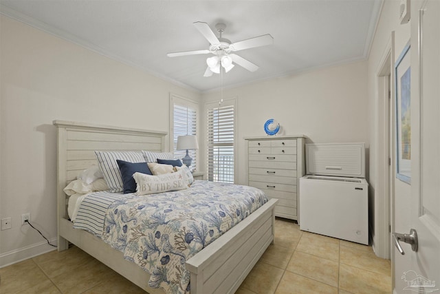 bedroom with crown molding, light tile patterned floors, baseboards, and a ceiling fan