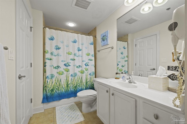 bathroom with toilet, tile patterned flooring, vanity, and visible vents