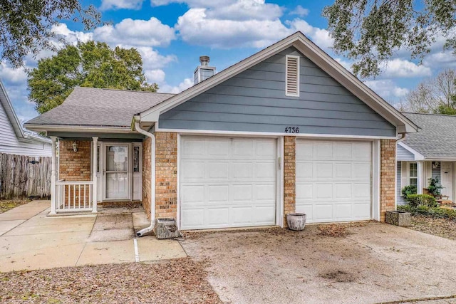 ranch-style home with roof with shingles, brick siding, concrete driveway, an attached garage, and fence