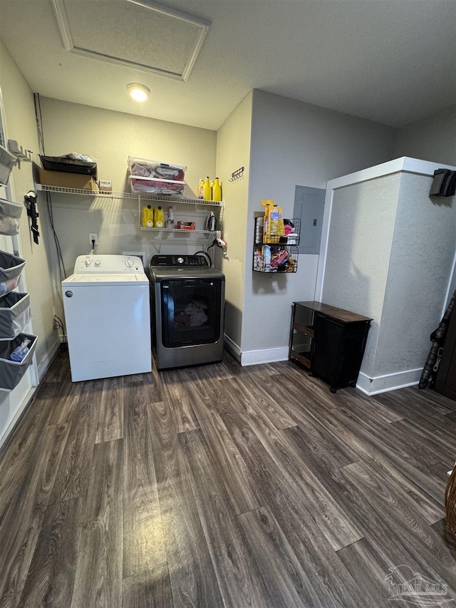 laundry area with attic access, wood finished floors, separate washer and dryer, and laundry area