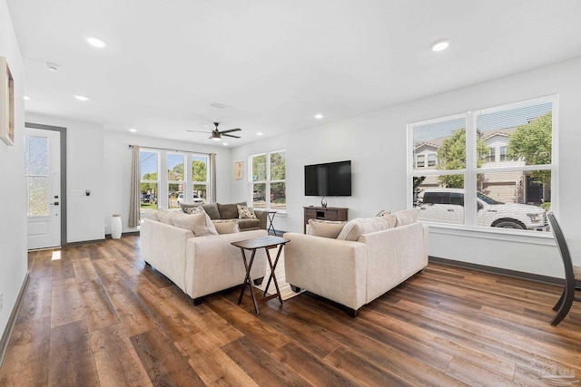 living room with dark hardwood / wood-style floors