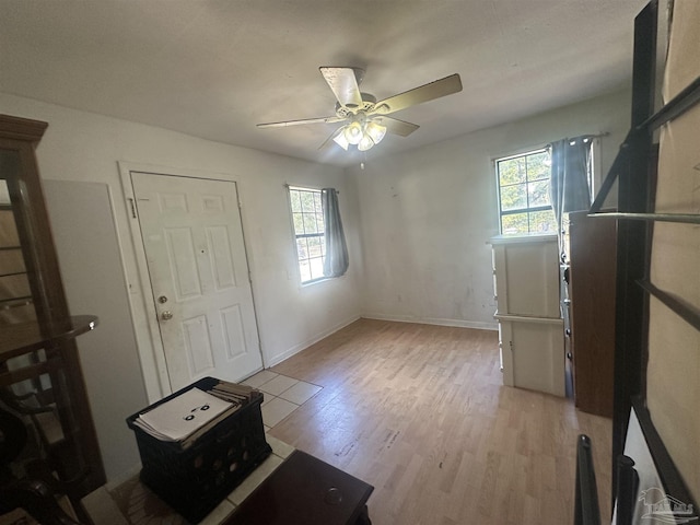 entryway featuring a wealth of natural light, ceiling fan, and light wood-type flooring