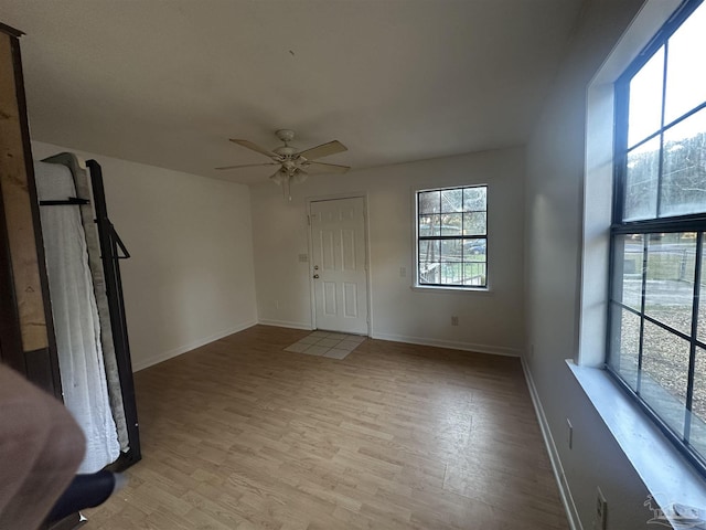 foyer with ceiling fan and light wood-type flooring