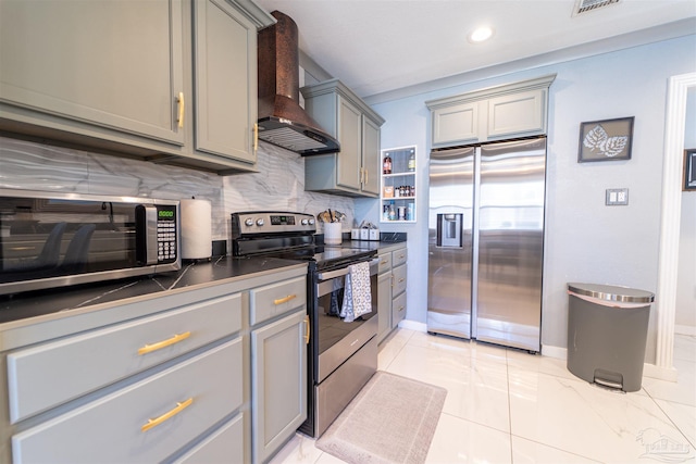 kitchen with tasteful backsplash, dark countertops, custom range hood, gray cabinets, and stainless steel appliances