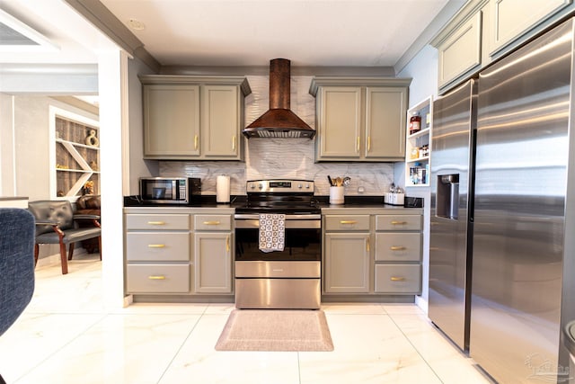 kitchen featuring stainless steel appliances, dark countertops, tasteful backsplash, custom range hood, and gray cabinetry