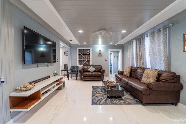 living area with marble finish floor, crown molding, recessed lighting, visible vents, and wood ceiling