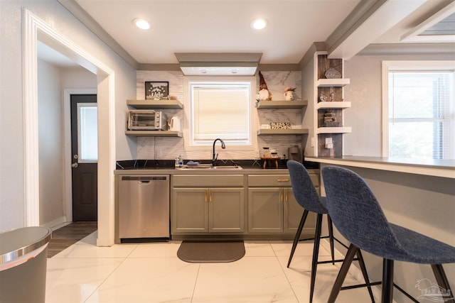 kitchen with a sink, decorative backsplash, dishwasher, open shelves, and dark countertops