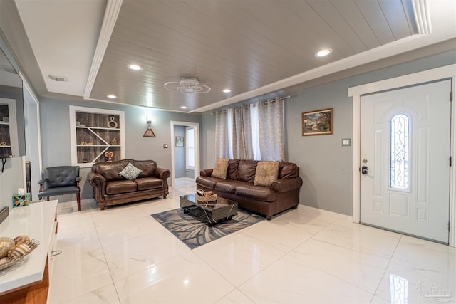 living area featuring recessed lighting, wooden ceiling, visible vents, and marble finish floor