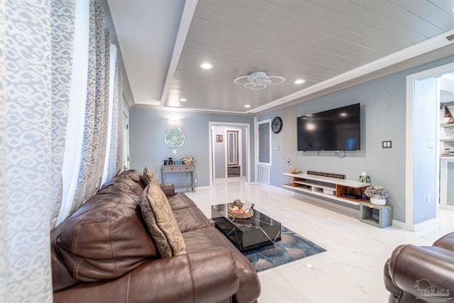 living room with wooden ceiling, marble finish floor, baseboards, and recessed lighting