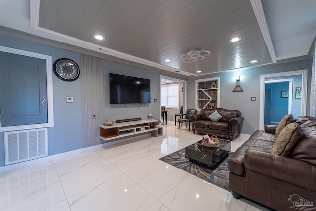 living area featuring recessed lighting, wooden ceiling, visible vents, and marble finish floor