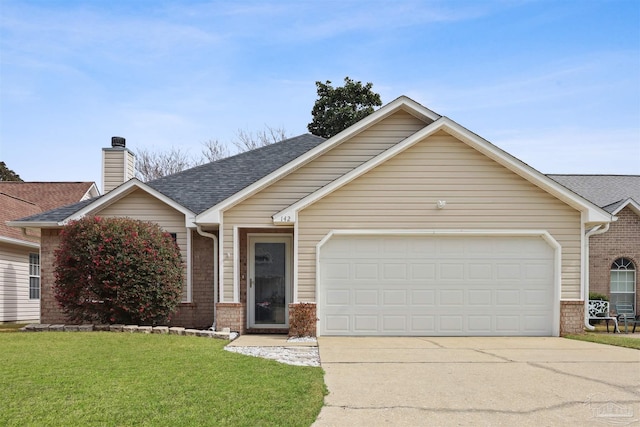 ranch-style home featuring brick siding, a chimney, a shingled roof, a garage, and a front lawn