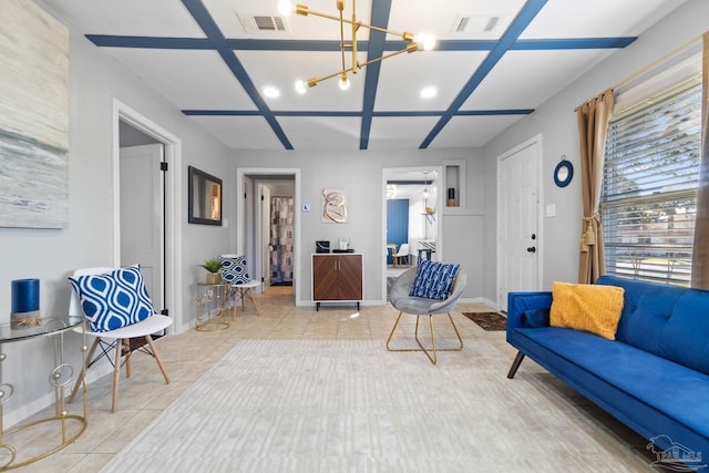 living room featuring beam ceiling, tile patterned floors, coffered ceiling, and a notable chandelier