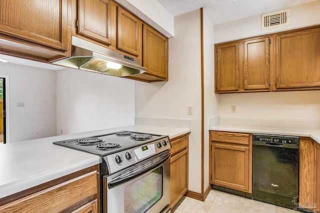 kitchen with black dishwasher, light tile patterned flooring, a textured ceiling, and stainless steel electric range oven