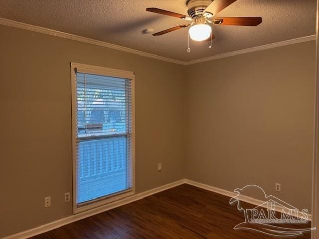 empty room with crown molding, a textured ceiling, and dark wood-type flooring