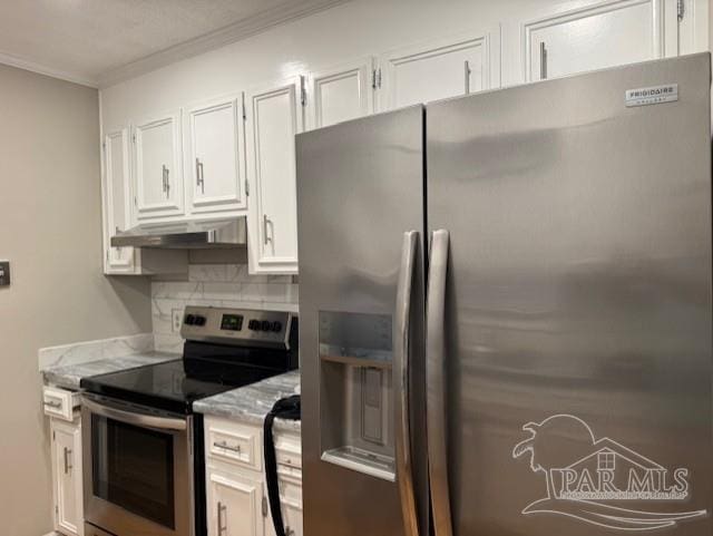 kitchen with decorative backsplash, appliances with stainless steel finishes, ornamental molding, under cabinet range hood, and white cabinetry