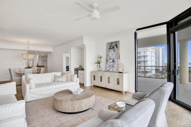 17075 Perdido Key Dr Unit 4E, Pensacola, FL 32507 - living room featuring ornamental molding, ceiling fan, light tile patterned floors, and baseboards