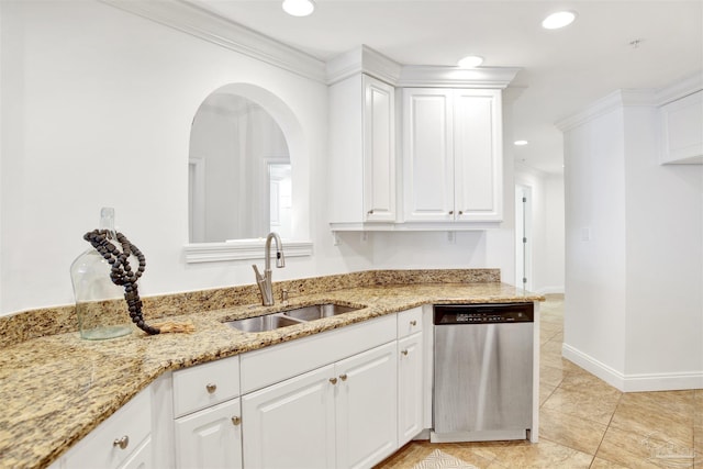 17075 Perdido Key Dr Unit 4E, Pensacola, FL 32507 - kitchen with dishwasher, a sink, white cabinets, light stone counters, and recessed lighting