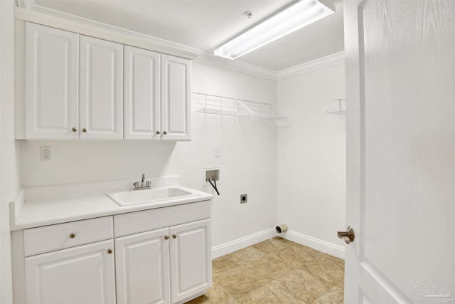 17075 Perdido Key Dr Unit 4E, Pensacola, FL 32507 - washroom with washer hookup, electric dryer hookup, cabinet space, baseboards, and crown molding