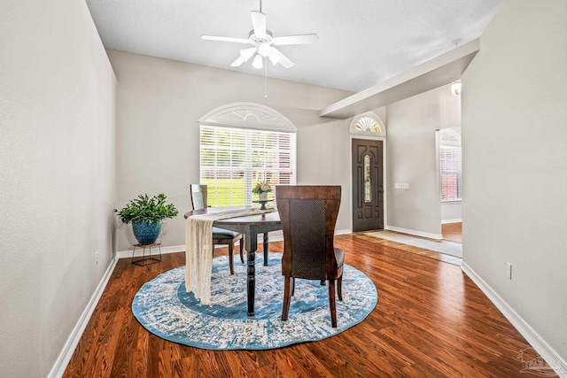 dining room featuring ceiling fan and wood-type flooring