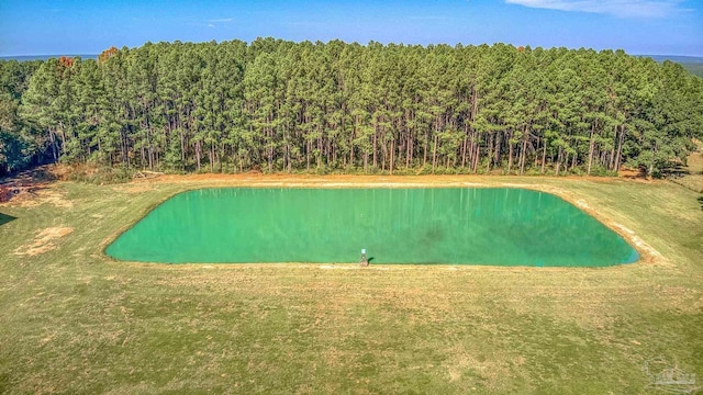 view of pool with a water view and a lawn