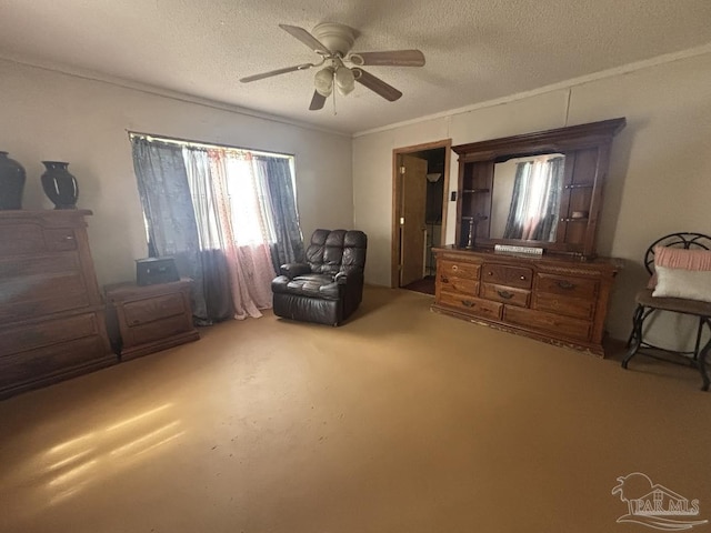 unfurnished room with a textured ceiling, ceiling fan, carpet flooring, and ornamental molding