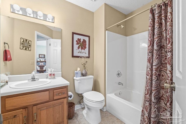 full bathroom featuring a textured ceiling, vanity, toilet, shower / bathtub combination with curtain, and tile patterned floors