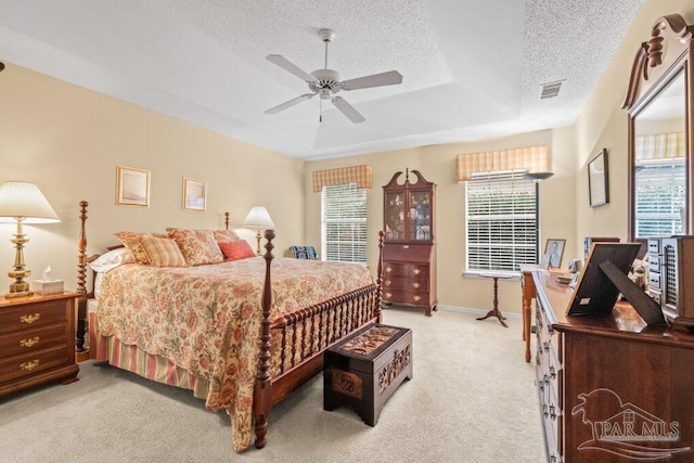 bedroom with multiple windows, light colored carpet, a raised ceiling, and a textured ceiling