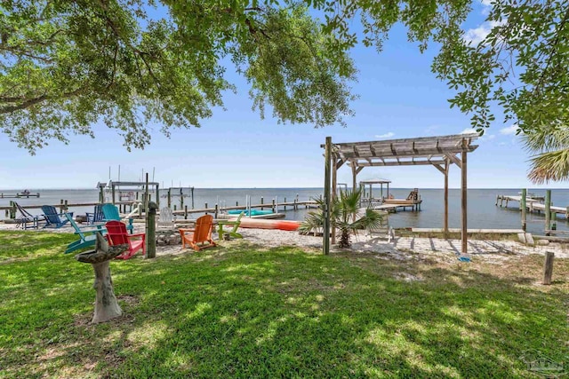 exterior space with a water view, a boat dock, and boat lift