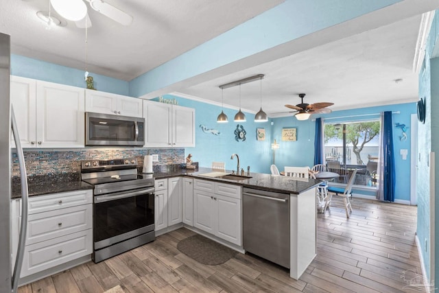 kitchen with a ceiling fan, a peninsula, appliances with stainless steel finishes, and a sink
