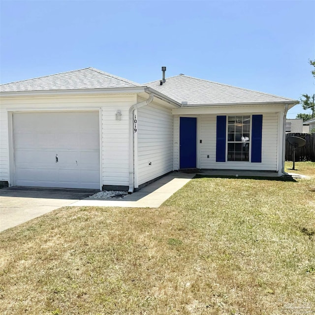 single story home with a shingled roof, concrete driveway, and a front lawn