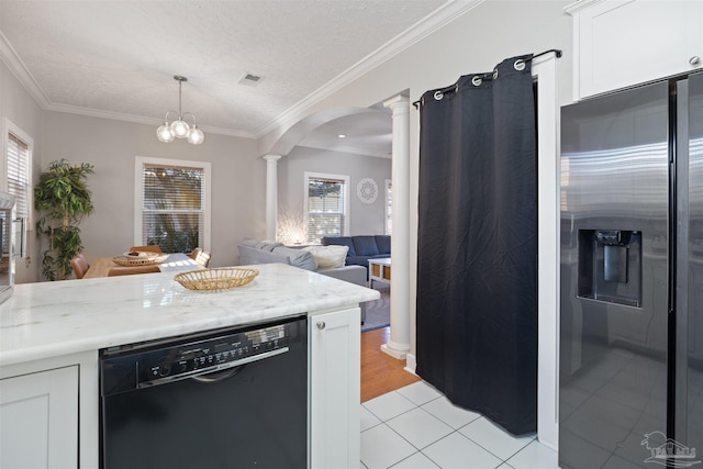 kitchen with stainless steel refrigerator with ice dispenser, white cabinetry, black dishwasher, pendant lighting, and decorative columns