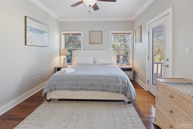 bedroom featuring crown molding, hardwood / wood-style flooring, access to outside, and ceiling fan