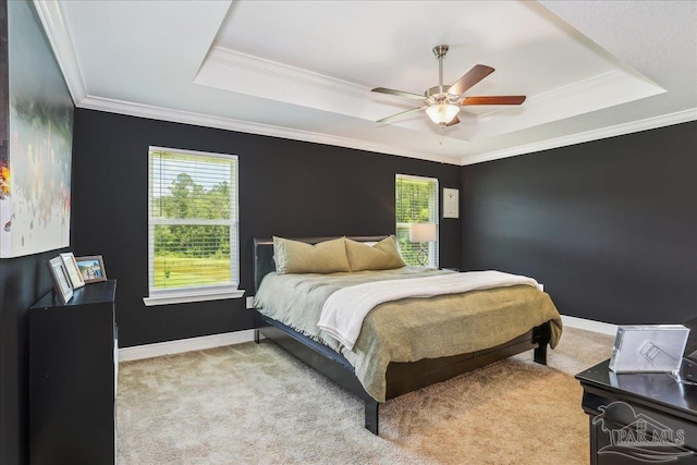 5018 Quarter Deck St, Pensacola, FL 32526 - bedroom with a tray ceiling, carpet flooring, crown molding, baseboards, and a ceiling fan