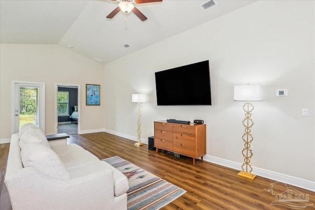 5018 Quarter Deck St, Pensacola, FL 32526 - living room featuring lofted ceiling, dark wood-style floors, ceiling fan, and baseboards