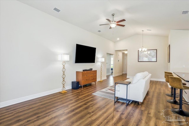 5018 Quarter Deck St, Pensacola, FL 32526 - living area with a ceiling fan, a chandelier, dark wood finished floors, lofted ceiling, and baseboards