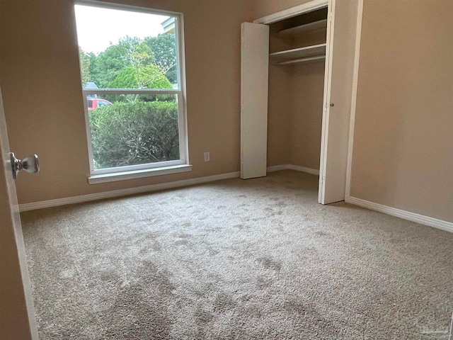 unfurnished bedroom featuring carpet floors and a closet