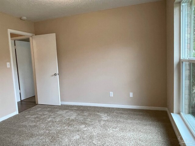 carpeted spare room with a textured ceiling