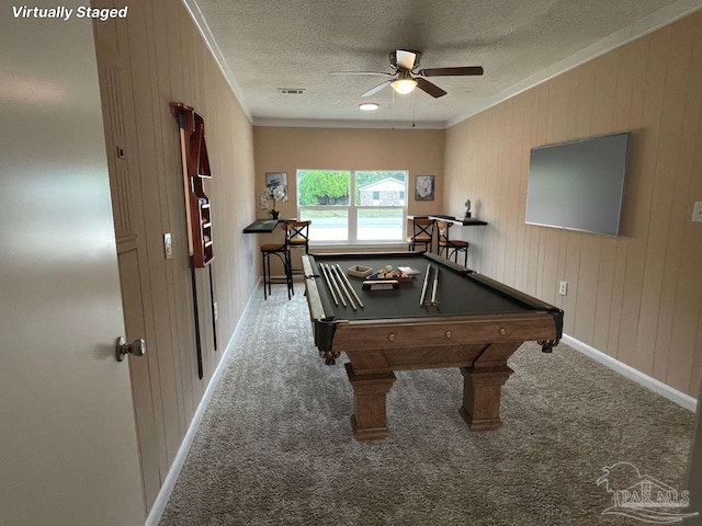 recreation room featuring carpet, ceiling fan, crown molding, and pool table