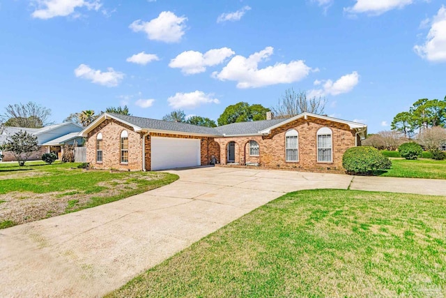 ranch-style home with concrete driveway, brick siding, a front lawn, and an attached garage