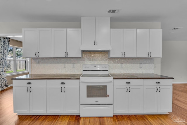 kitchen featuring white electric stove, white cabinets, visible vents, and under cabinet range hood