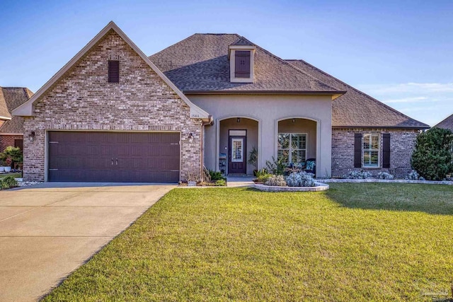 view of front of house with brick siding, stucco siding, concrete driveway, an attached garage, and a front lawn